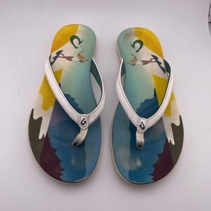 Olukai Hoopio Flip Flops Womens White Multi Color Island Graphic Sandals 11